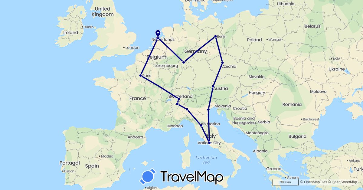 TravelMap itinerary: driving in Austria, Switzerland, Czech Republic, Germany, France, Italy, Netherlands (Europe)